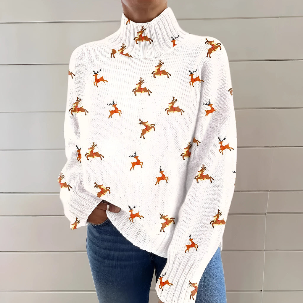 Women's Christmas pattern printed turtleneck sweater in macaron colours with long sleeves