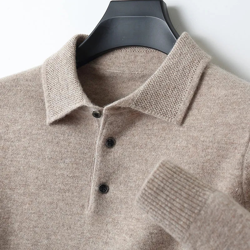 Men's wool pullover sweater with a polo collar in noble blue colour.