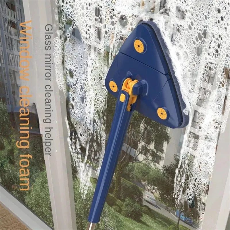 Blue triangular cleaning mop with 360-degree rotating head and adjustable stainless steel pole extended for use