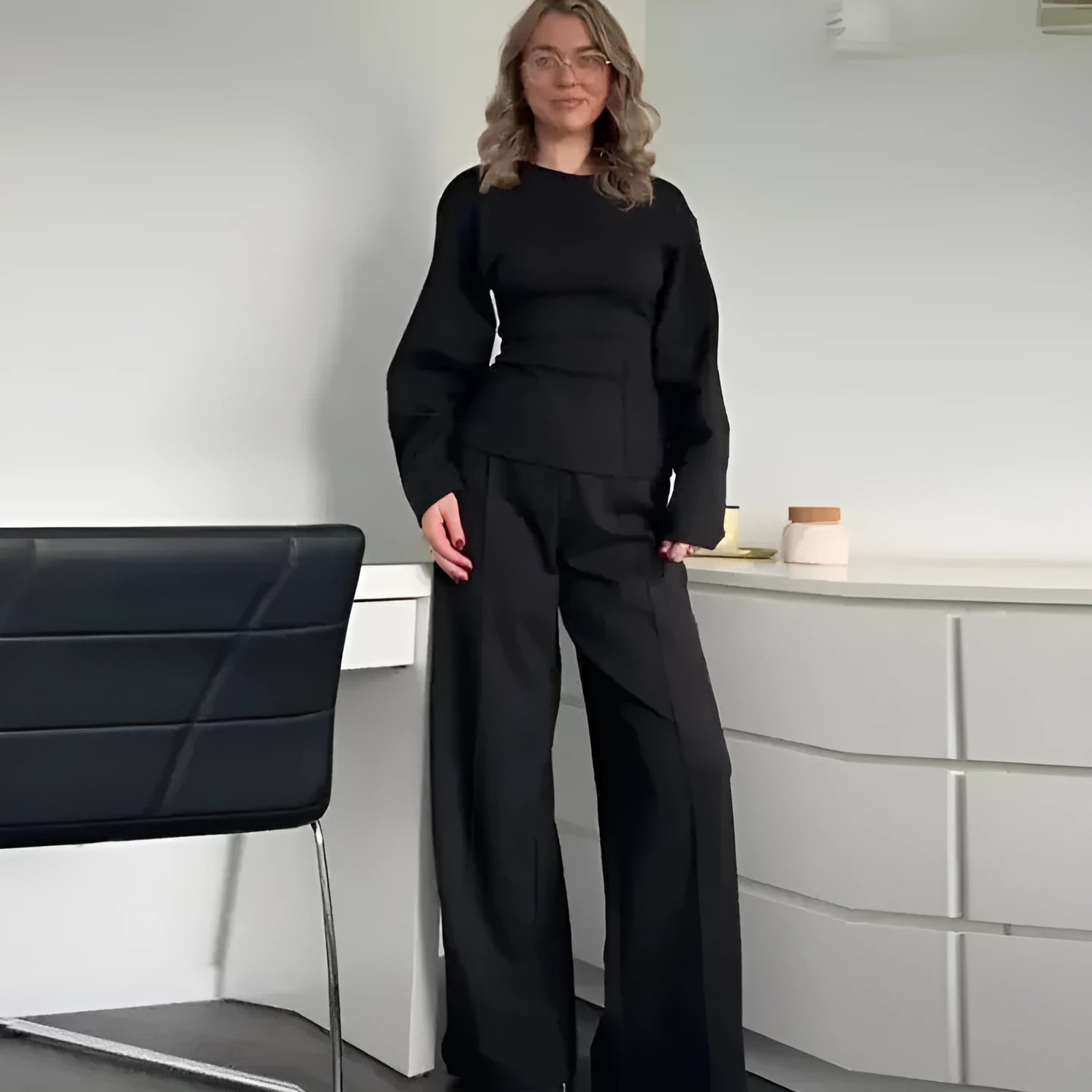 Women's polar fleece suit set with pleated top and wide leg trousers in black, apricot, grey or wine red