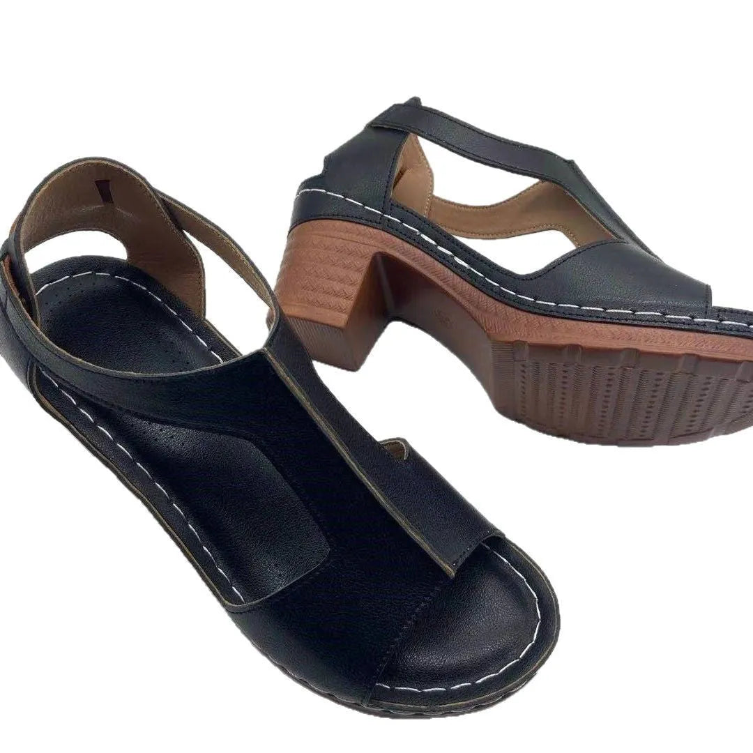 Women's white peep toe wedge sandals with Roman style buckle and low heel