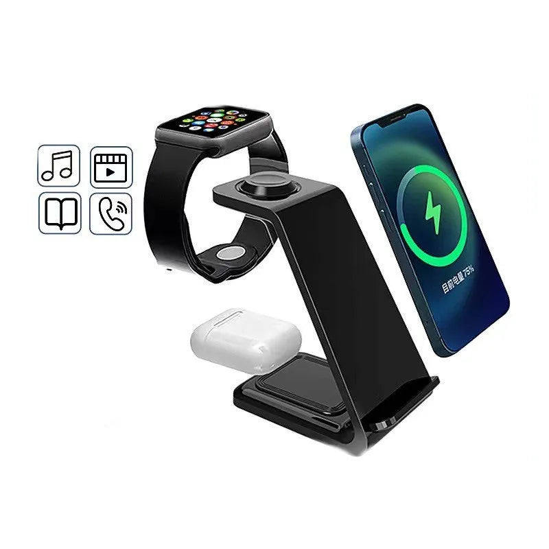 3-in-1 upright mobile phone holder wireless charger in black with Type-C cable on desk