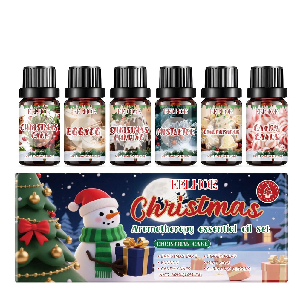 Christmas aromatherapy oil set showing six 60ml bottles with warm home scents for festive air freshening