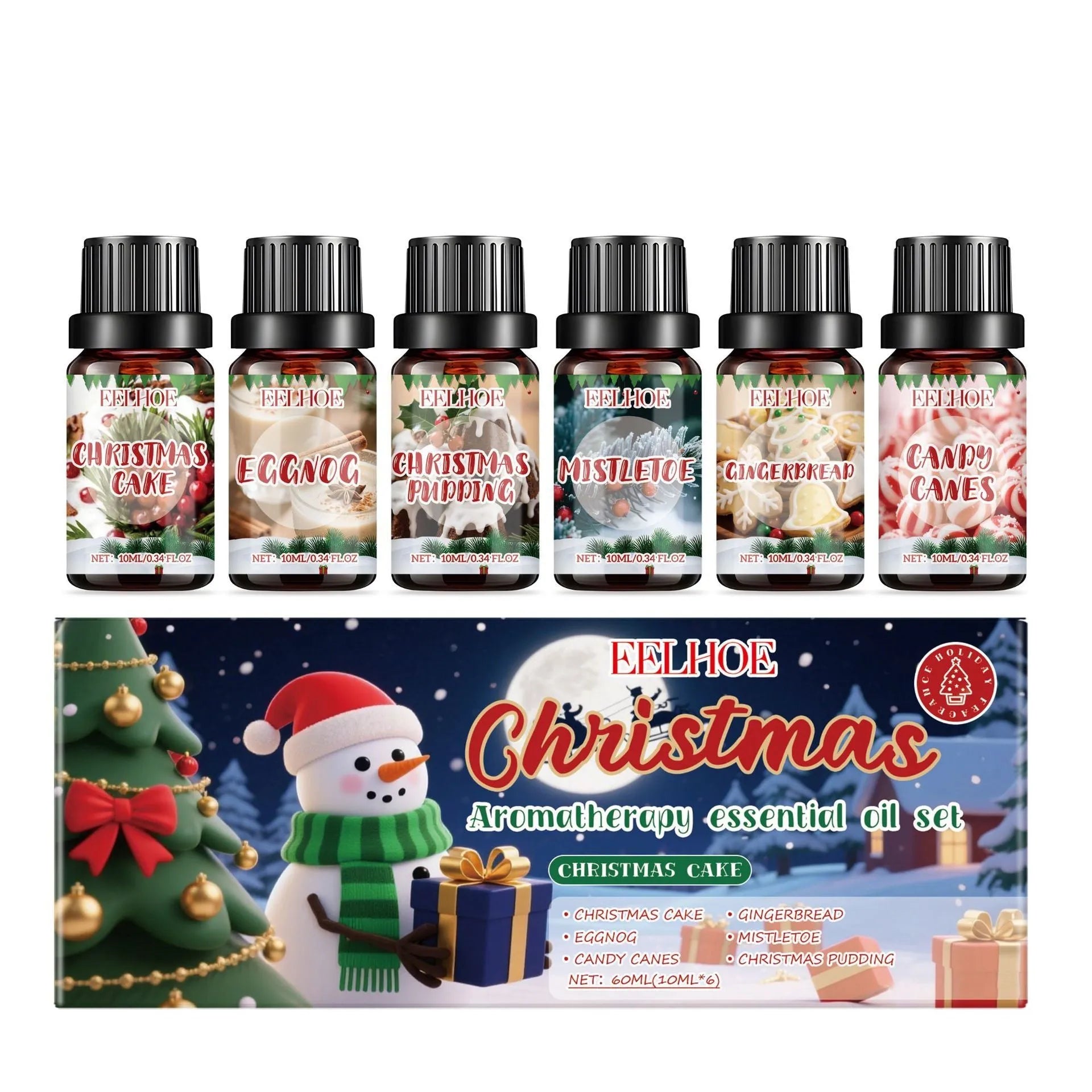 Christmas aromatherapy oil set showing six 60ml bottles with warm home scents for festive air freshening