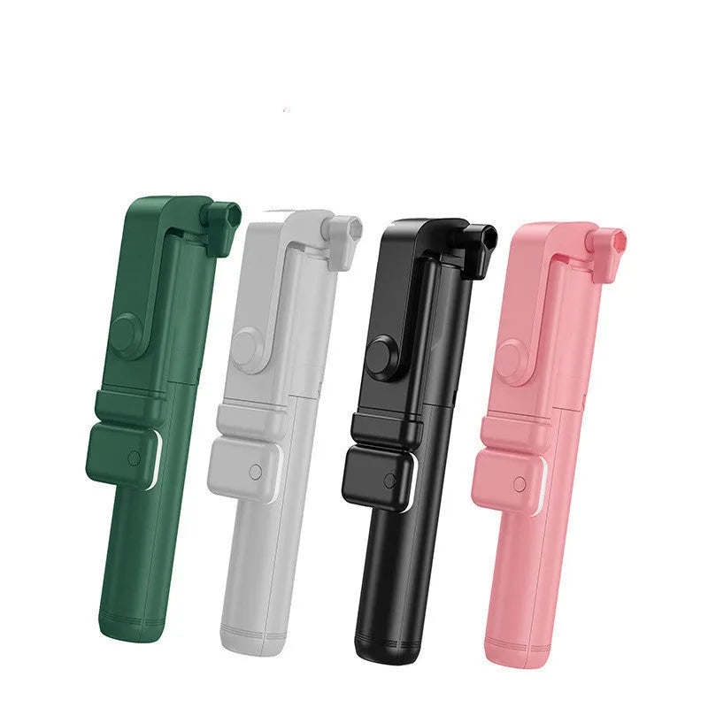 Black aluminium alloy Bluetooth selfie stick with extended tripod legs and phone holder attached.