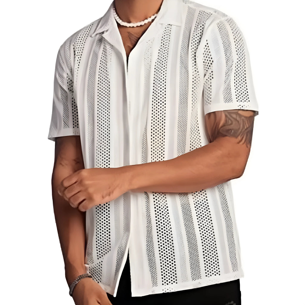 Men's white knitted short-sleeve button shirt with cardigan style street fashion design