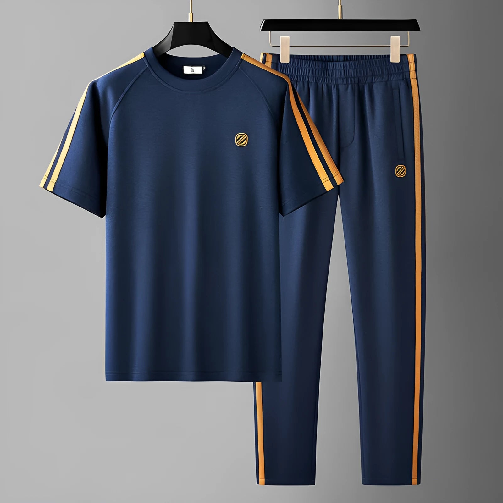 Men's ice silk style short sleeve suit in apricot, black, or blue with matching pants