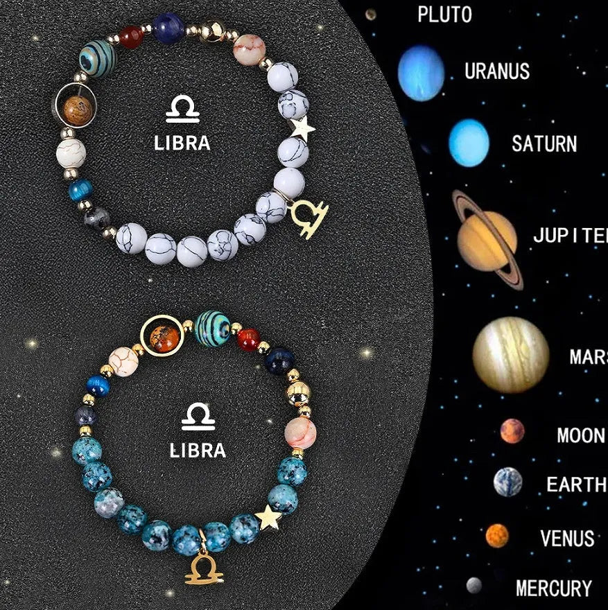 Set of two natural stone beaded bracelets featuring zodiac sign designs on a dark background