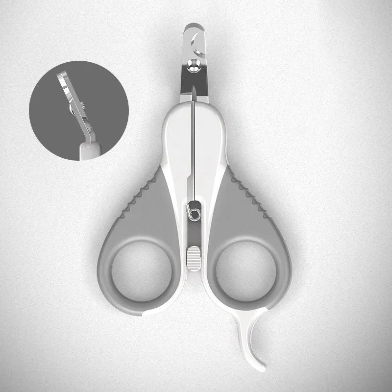Grey and pink angled blade cat nail clippers with safety guard on a non-slip handle