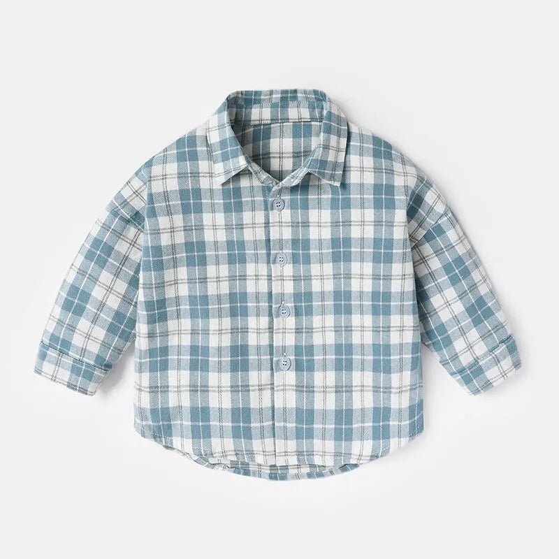 Boy's cotton lattice shirt with animal cartoon pattern in khaki, blue, pink, or yellow