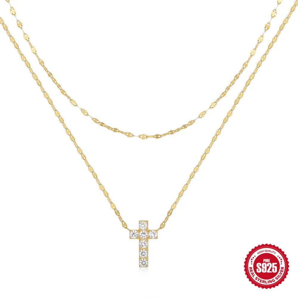 S925 sterling silver double layer geometric cross pendant with twin diamond patterns on clavicle chain