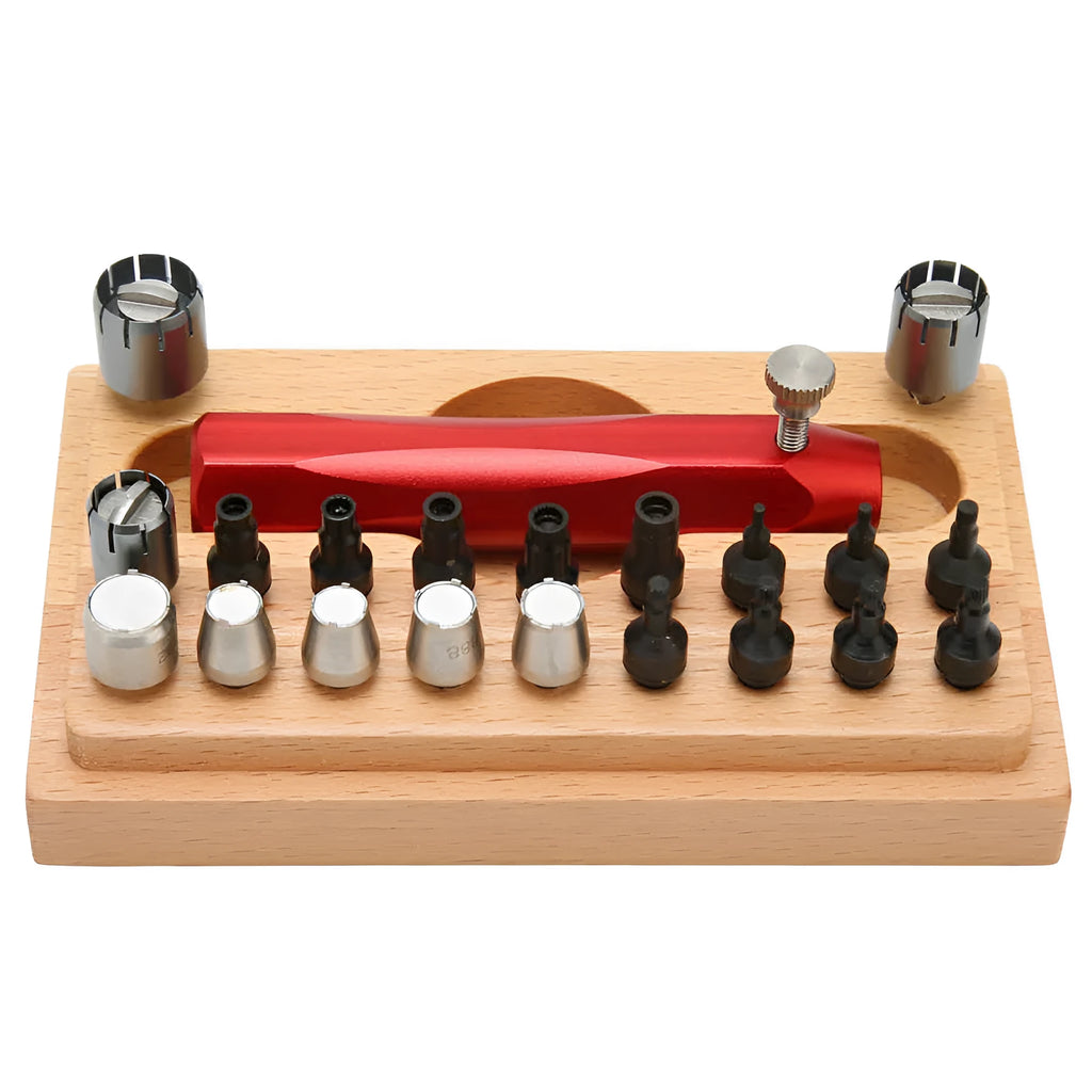 Steel watch repair tool kit with 20 barrel-opening extracting tubes for professional disassembly.