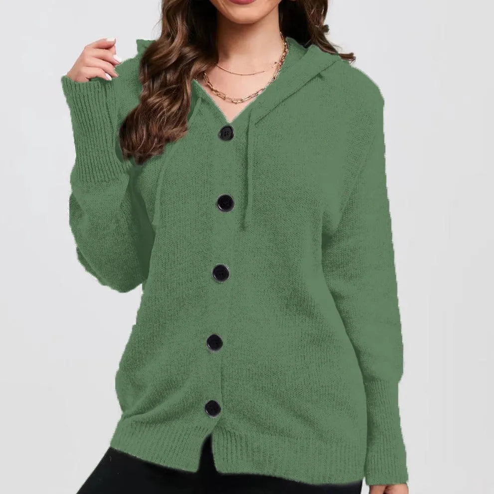 Women's thick cotton hooded cardigan sweater in loose fit, shown in Army Green colour.