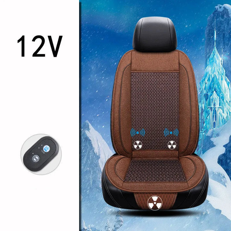 Black square car ventilation seat cushion with massage, showing power cord for 12V or 24V connection.