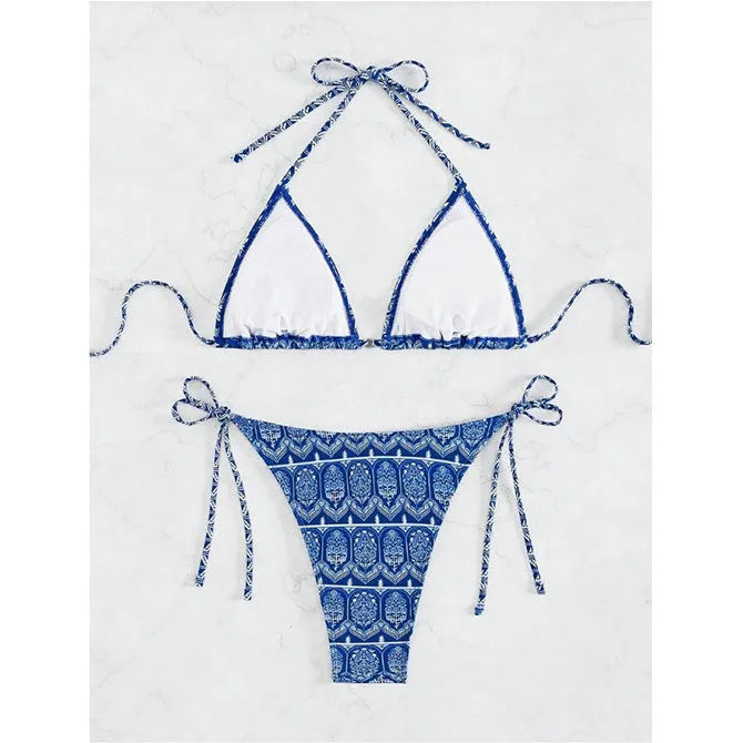 Women's green split bikini swimsuit with bandage stitching detail and polyester construction