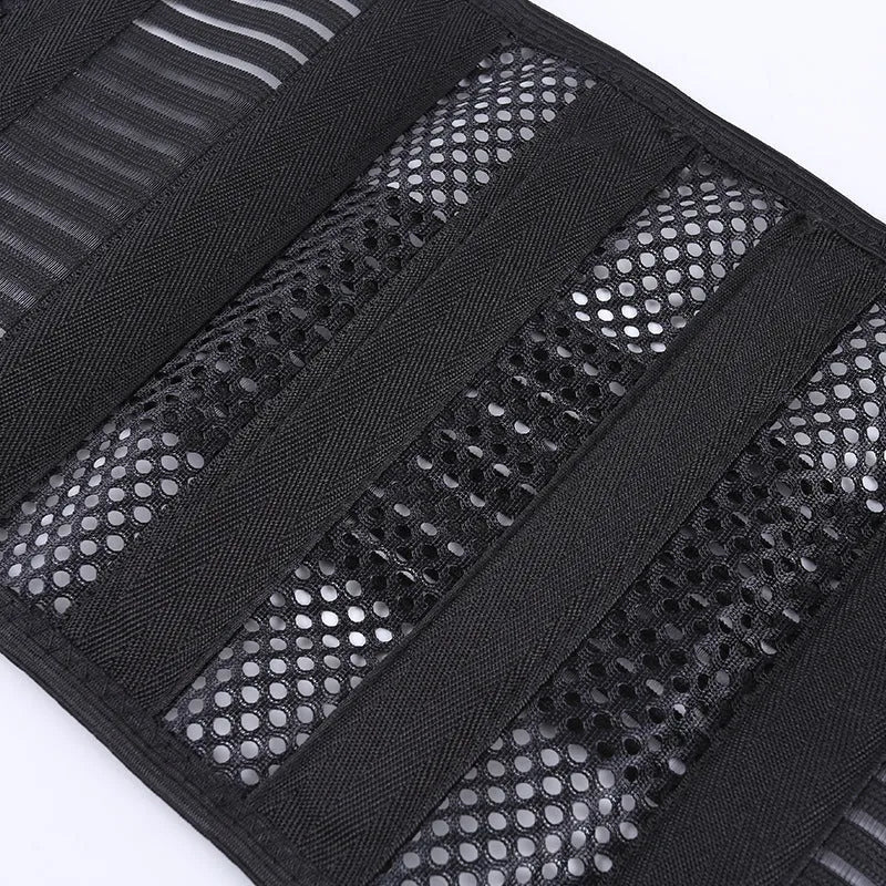 Black sports waist support with steel plate lumbar reinforcement shown with size options for adult athletes