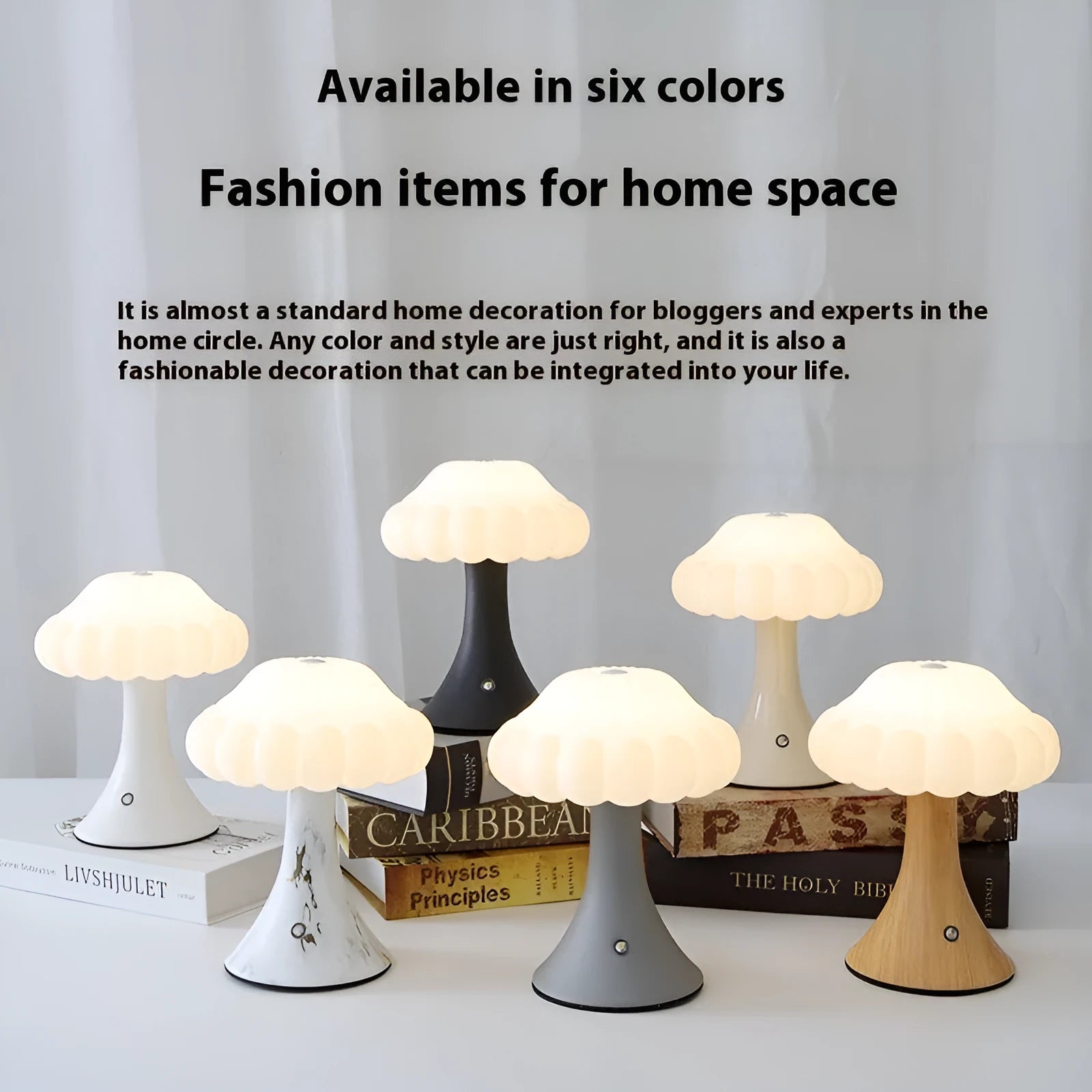 Mushroom-shaped night light with USB charging port and touch controls in five colour options