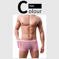 Men's mesh boxer briefs in black, white, green, pink, sapphire blue, and skin colour with low waist design