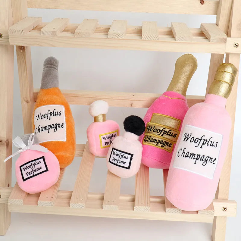 Plush wine bottle shaped dog toy in assorted colours including green, orange, red, black, coffee and white