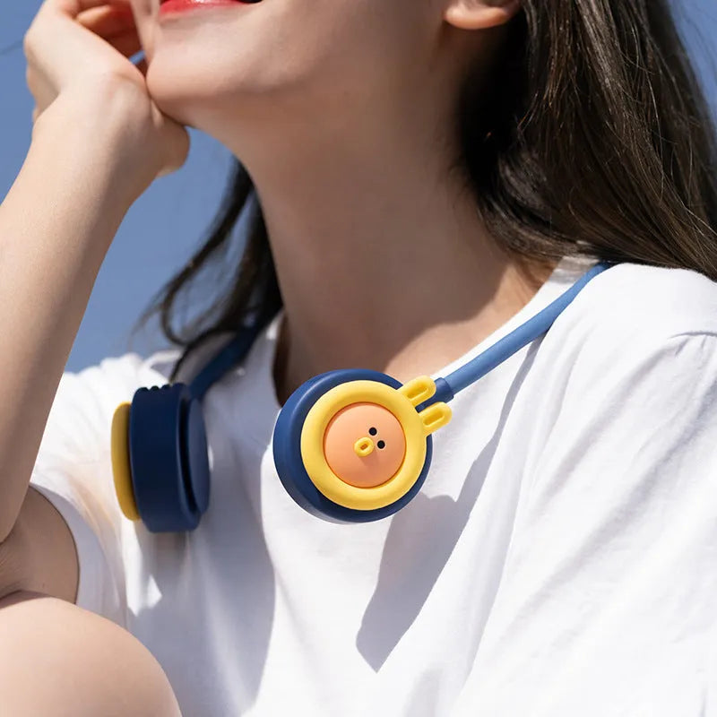 Pink folding neck fan showing leafless airflow design with USB charging port