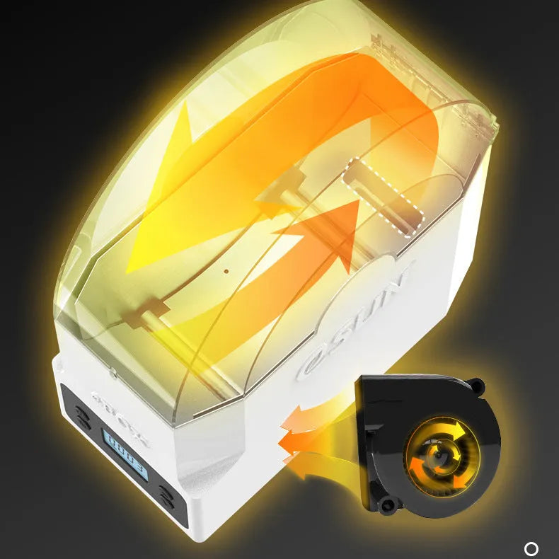 eBOX Lite 3D printing filament drying storage box with wire heating system and multiple plug options.