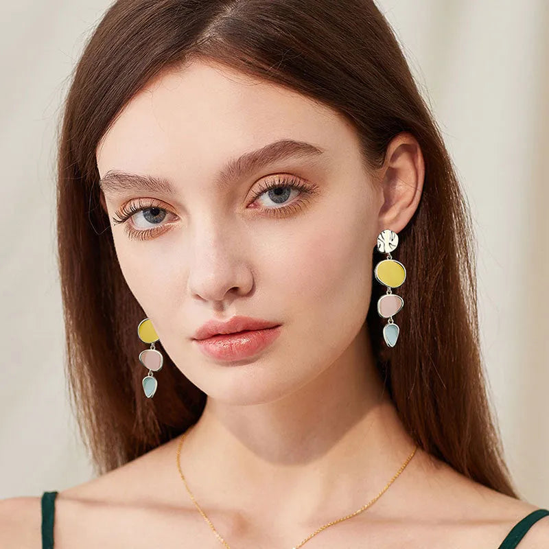 Morandi three-colour oil drip texture on disc-shaped wafer earrings with sterling silver needle