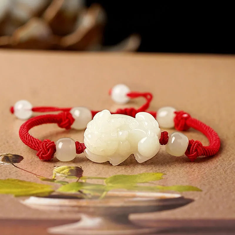Women's Hetian jade bracelet with black and red braided ropes in Chinese style