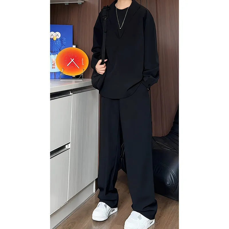 Men's black casual long sleeve polo shirt and trousers two-piece suit set in slim fit sports style