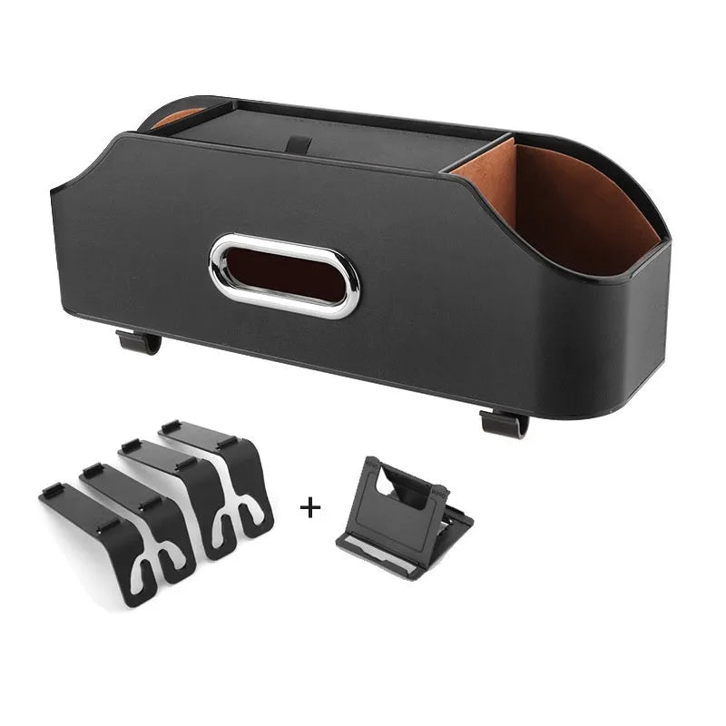 Genuine leather car tissue box and cup holder organiser in black, suspended from a headrest.