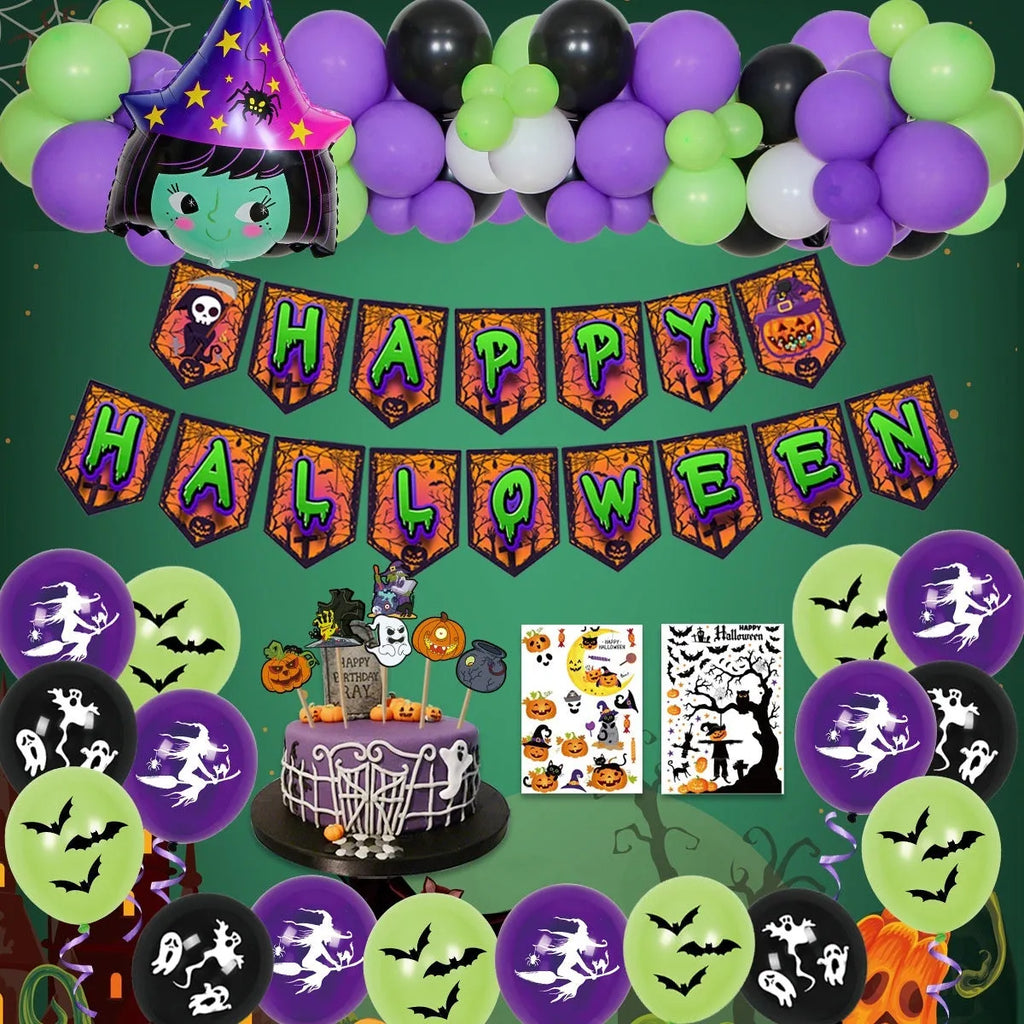 Halloween spider balloon arch decoration set with black and white latex skull and pumpkin balloons.