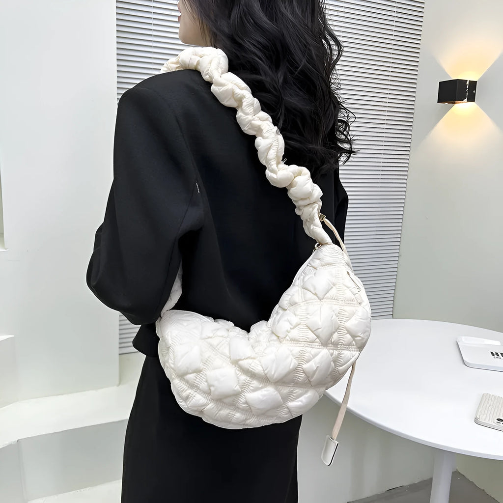 Women's nylon shoulder messenger bag in beige colour showing dimensions and adjustable strap