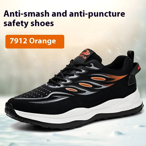 Orange labour protection safety shoes with leather uppers and rubber soles for industrial work