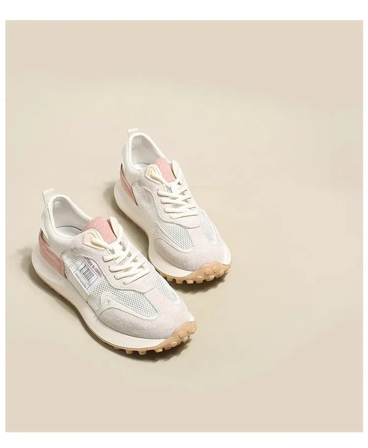 Women's grey and pink low-top retro sneakers with round toe and flat rubber sole
