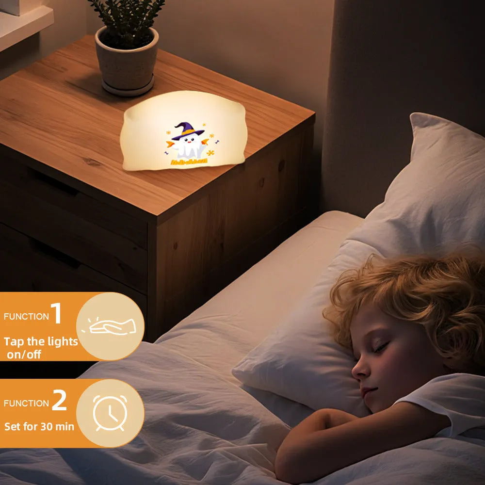 Cartoon Halloween ghost doll table lamp with USB-C charging port and warm light illumination