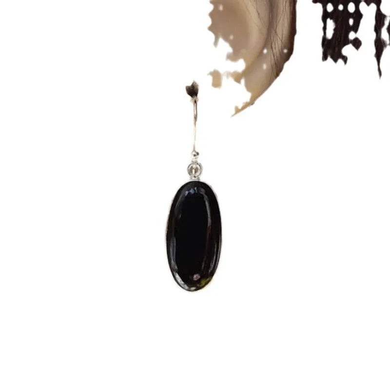Black geometric women's earrings with oval agate pendants on 925 silver posts