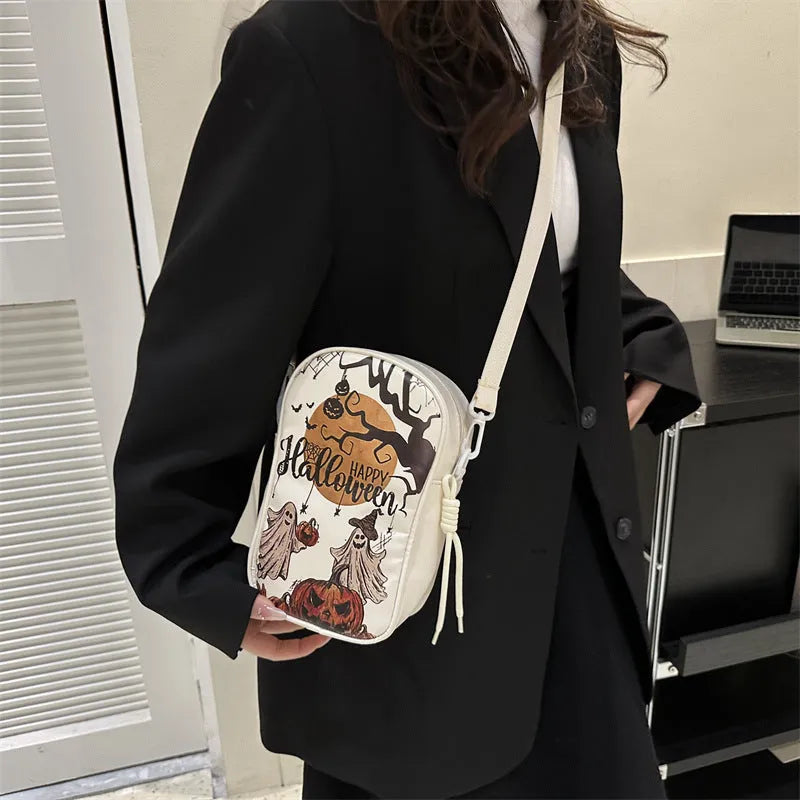 Halloween graffiti print mini crossbody bag with pumpkin ghost bat design in PU material