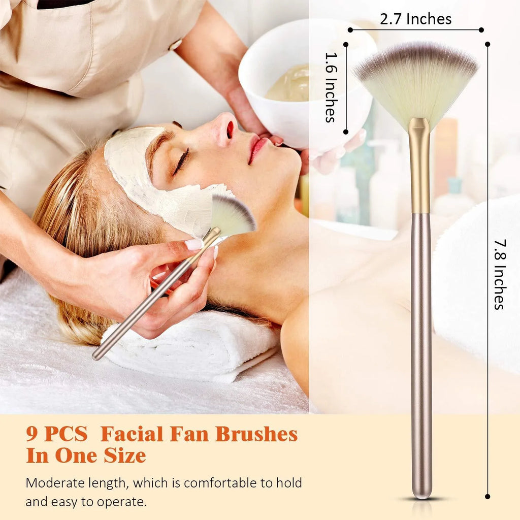 10 professional facial fan makeup brushes with champagne finish and acrylic handles, shown with brush covers.