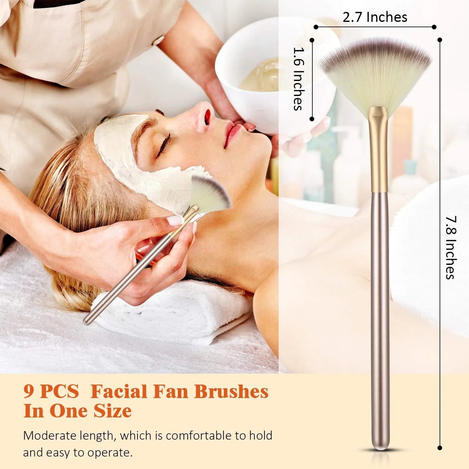 10 professional facial fan makeup brushes with champagne finish and acrylic handles, shown with brush covers.