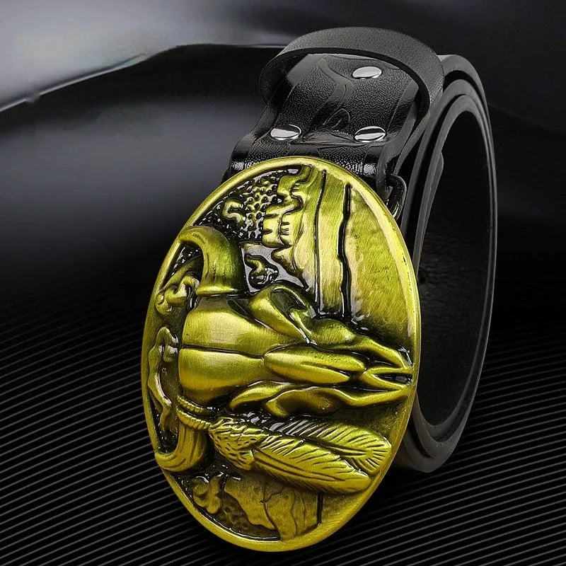 Men's black imitation leather belt with a detailed silver alloy cow head buckle and pin fastening.