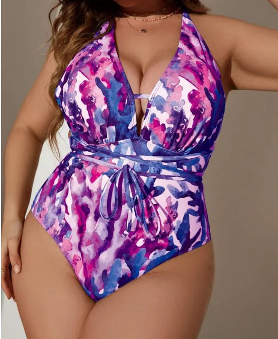 Purple women's halter swimsuit with solid colour design for swimming sports
