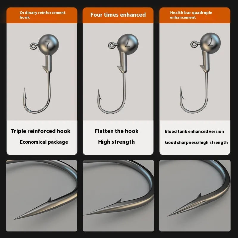 50-piece pack of steel jig fishing hooks with lead heads in three construction types including enhanced strength version