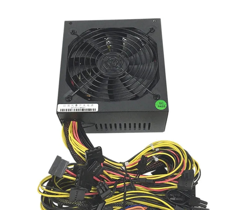 Black server power supply unit with multiple cable connectors including graphics card and CPU power interfaces