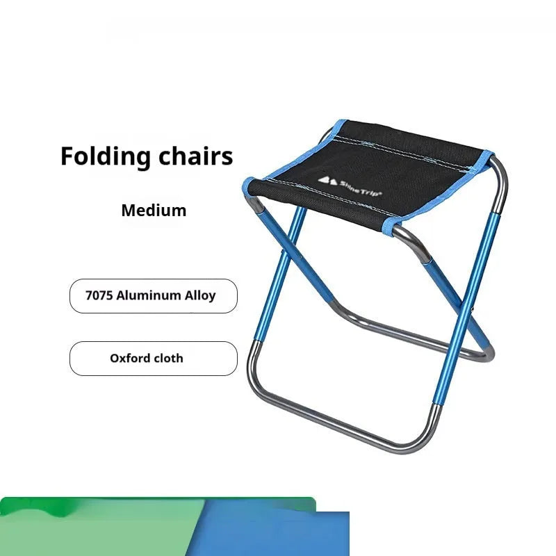 Black aluminium alloy folding stool in folded and unfolded positions