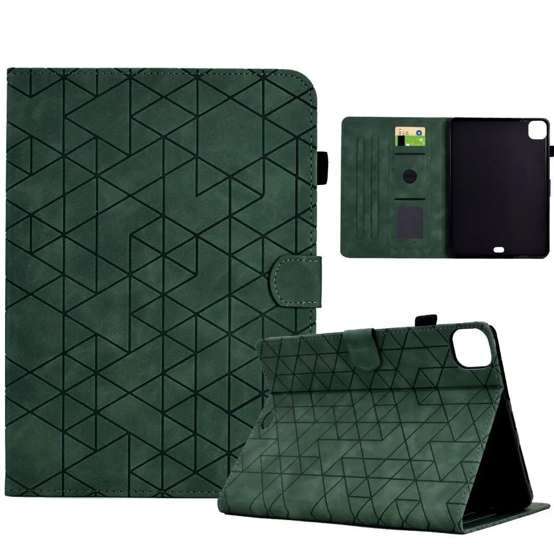 Leather tablet case for iPad Pro 11 with card slot and folded-out kickstand, shown in diamond black finish.