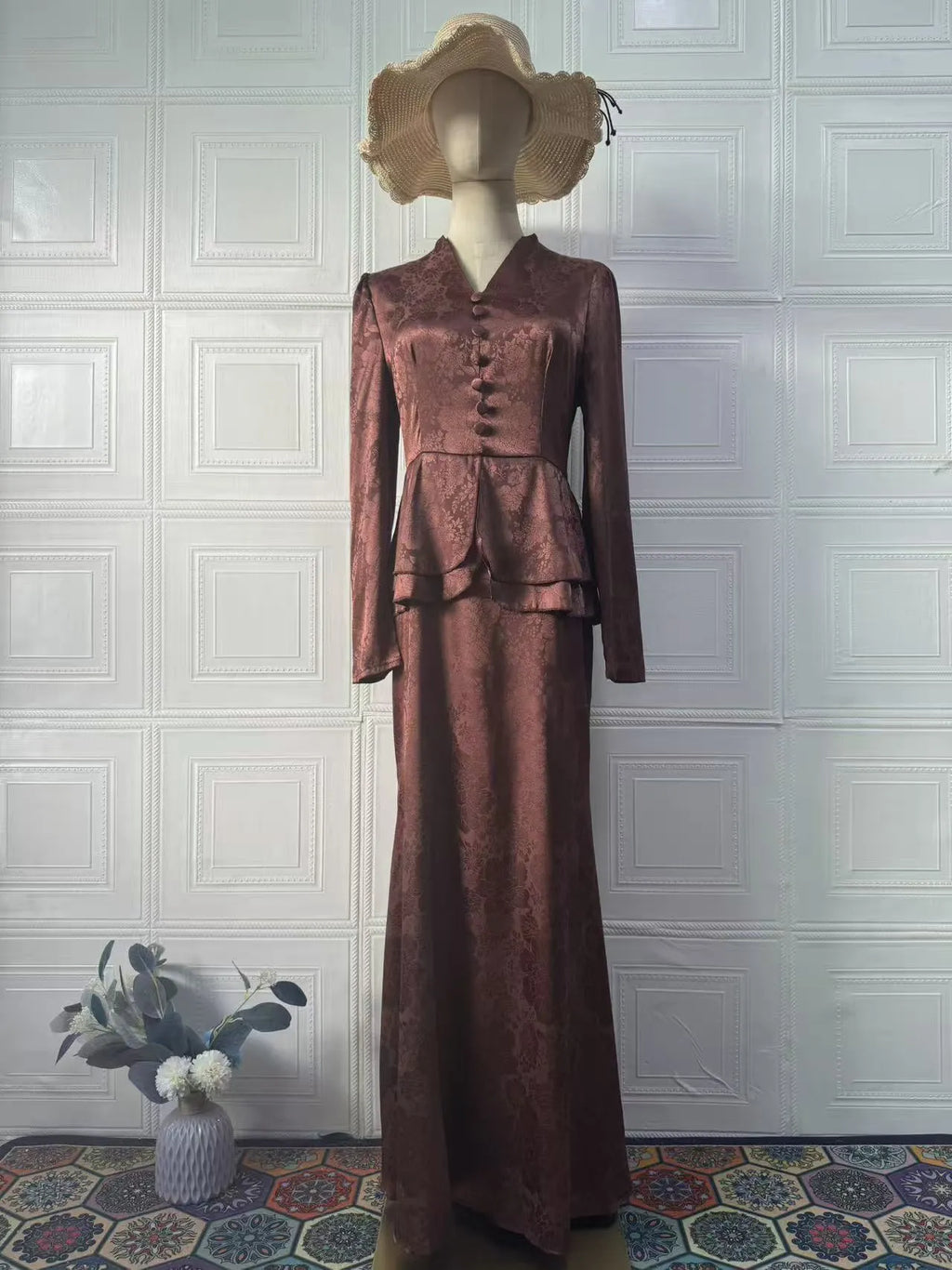 Dark brown retro long sleeve dress with plants and flowers pattern, fake two-piece design and button detailing