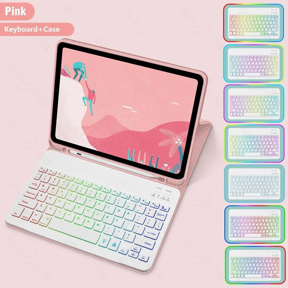 Colourful iPad leather case with attached luminous RGB backlit Bluetooth keyboard on a desk.