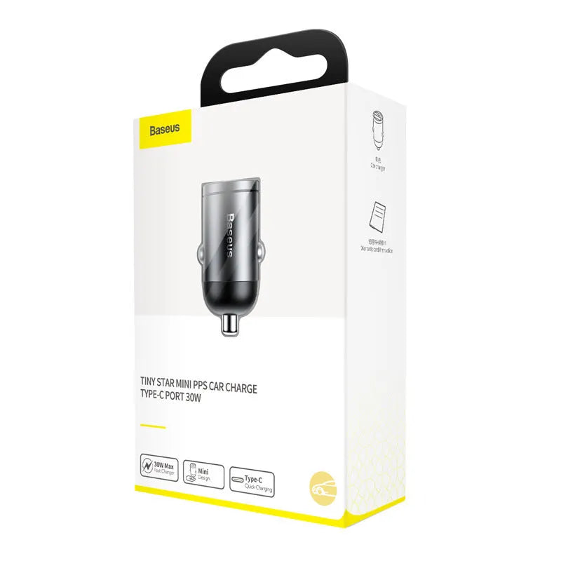 Baseus electro-optical grey 30W PPS fast car charger with 1 metre USB cable