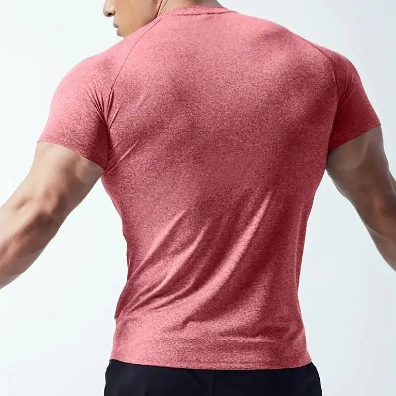 Men's polyester quick-dry stretch t-shirt in black, grey, green or pink colour options
