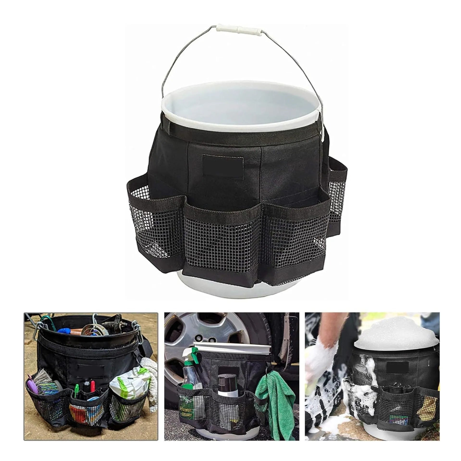 Black cylindrical polyester hanging storage bag shown fitted on a 5 gallon barrel.