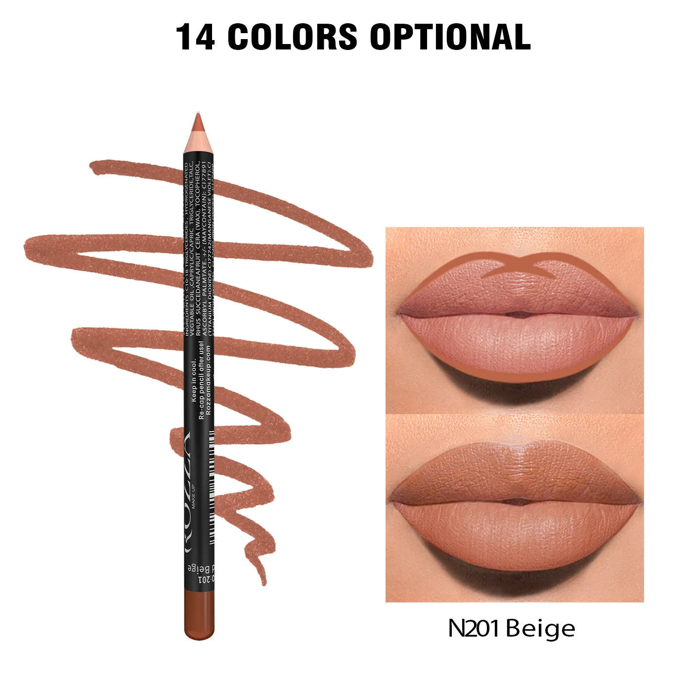 Matte wood lip liner pencil in 14 waterproof shades numbered 201 to 214